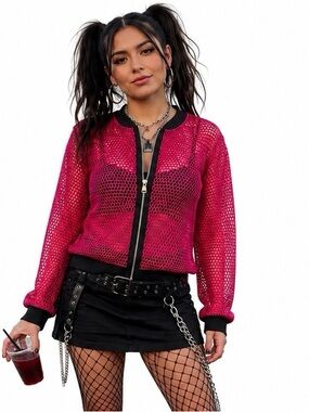 A.N.A Pink & Black Fishnet Mesh Y2K Festival Bomber Jacket NWOT Size MP